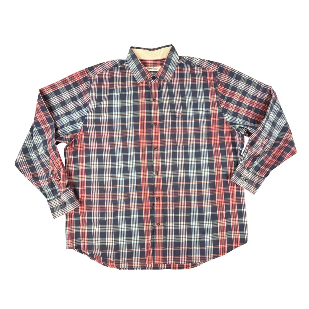 Tommy Bahama Sarasota Stretch Mens XL Blue Red Plaid Button Up Long Sleeve Shirt